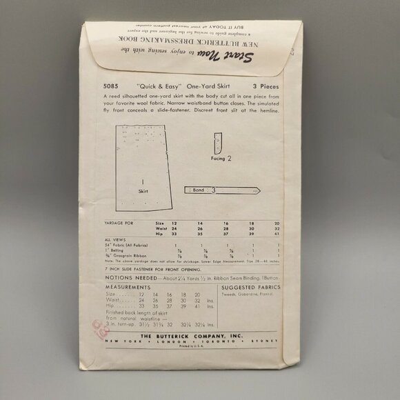 Butterick 1949 Women's Quick & Easy One Yard Skirt Front Slit #5085 Size 30 - Picture 3 of 3